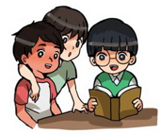外国人も日本人も仲良くクラスにいる様子　日本人が机で本を見ている。それを日本人と外国人の子どもが肩を組み見ている