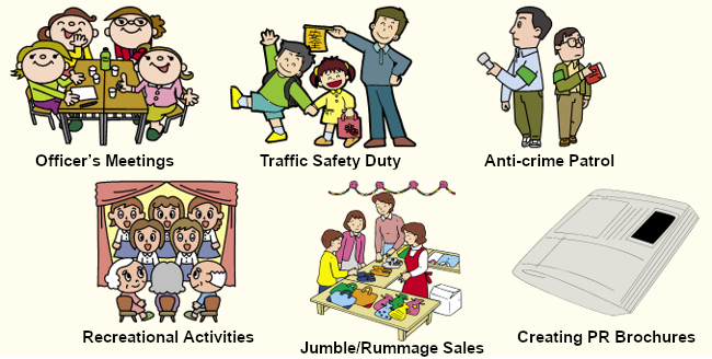 Officer’s Meetings, Traffic Safety Duty, Anti-crime Patrol, Recreational Activities, Jumble/Rummage Sales, Creating PR Brochures